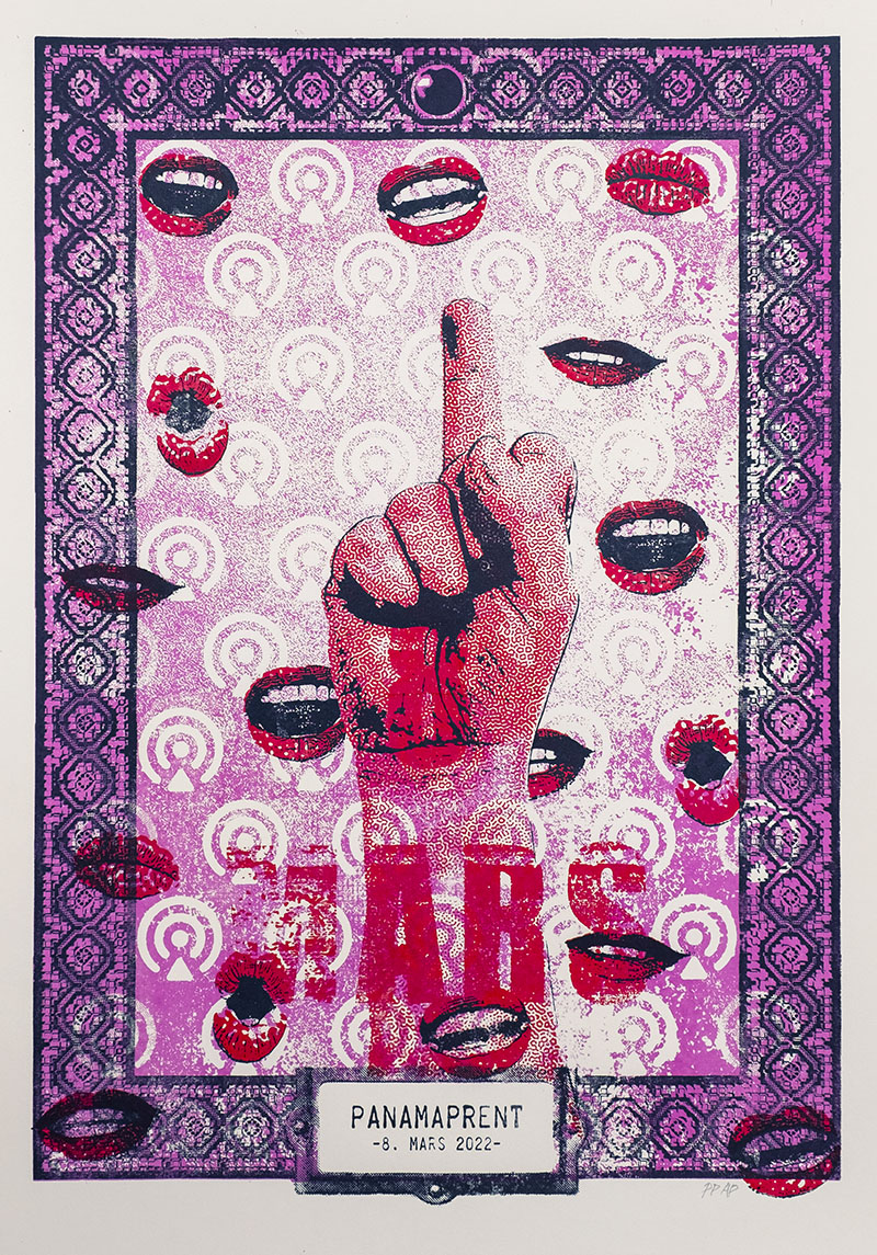 Image of screen printed image of a fist with a raised middlefinger surrounded by podcast logos and mouths woth red lipstick. 8th mars is written inside the image, on the bottom is a logo that says panamaprent 8. mars 2022.