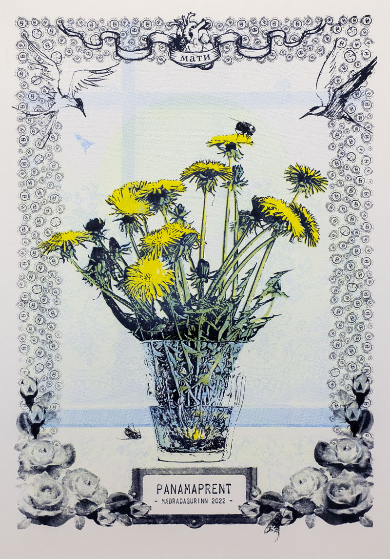 Image of screen printed poster with daffodils in a waterglass, on the bottom is a logo that says panamaprent Mæðradagurinn 2022..